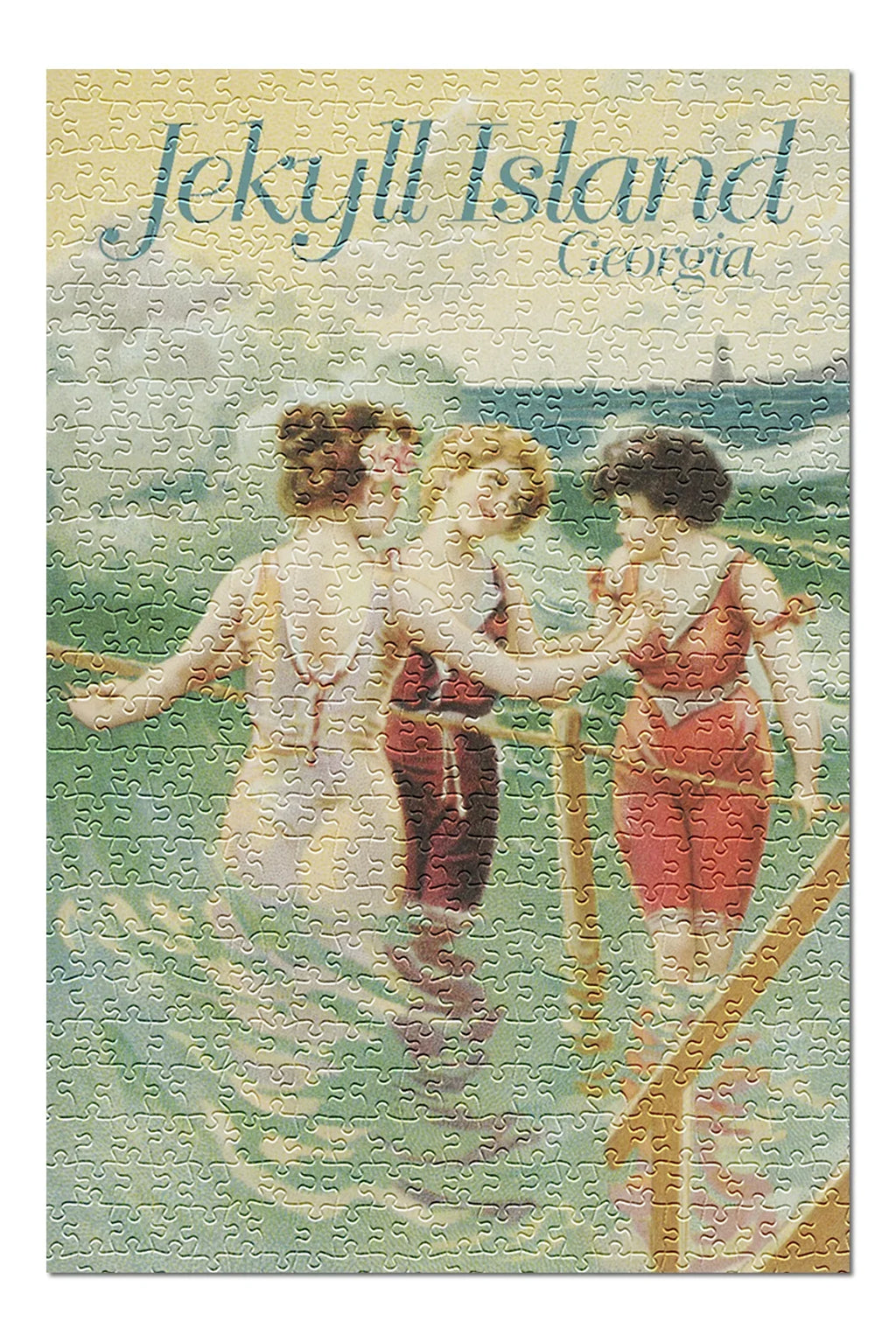 Jekyll Island, Georgia, Individuals in Wading on Beach, Vintage Poster (19x27 inches, Premium 500 Piece Jigsaw Puzzle for Adults and Family, Made in USA)