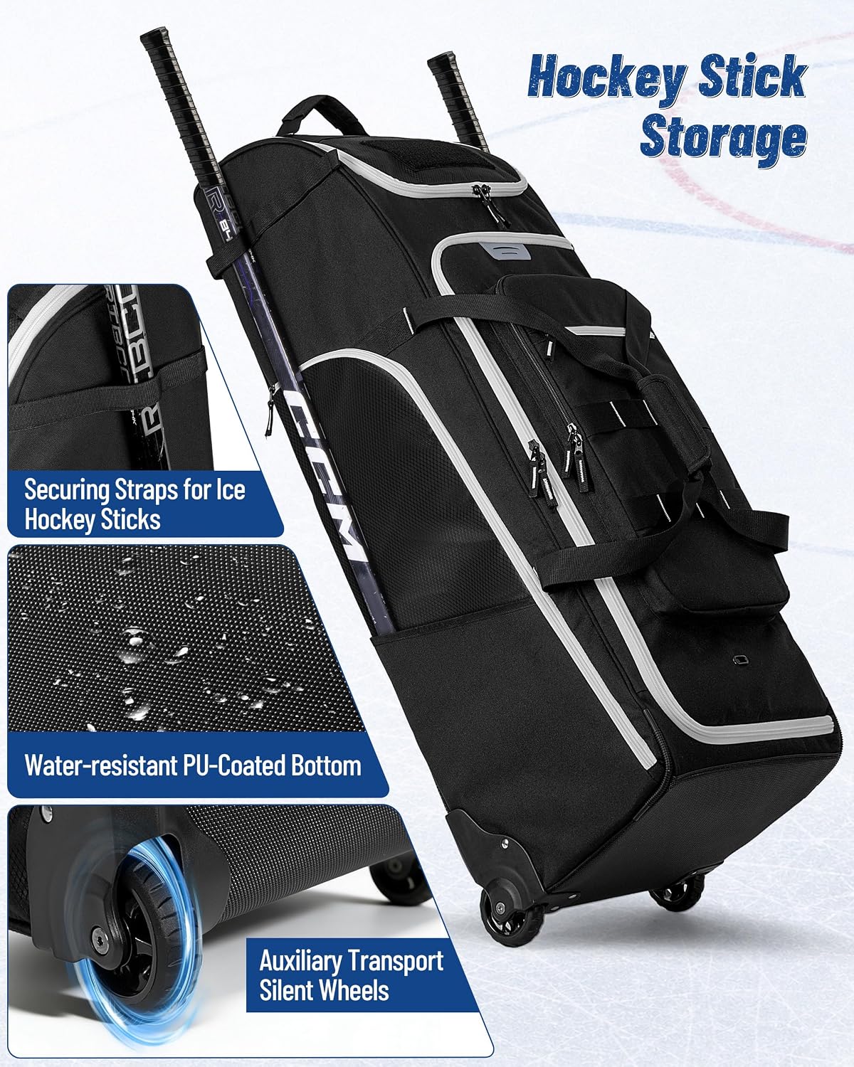 CURMIO Hockey Bag with Wheels, 38-Inch Rolling Ice Hockey Travel Bag
