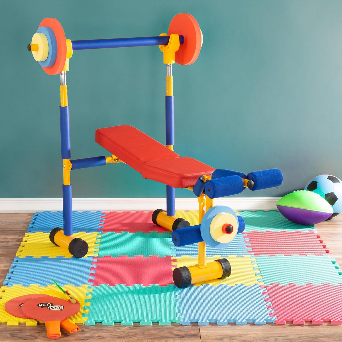 Hey! Play! Kids Exercise Equipment Collection: Strength Training, Cardio, Endurance, and Active Play Essentials - Kids Weight Bench Set