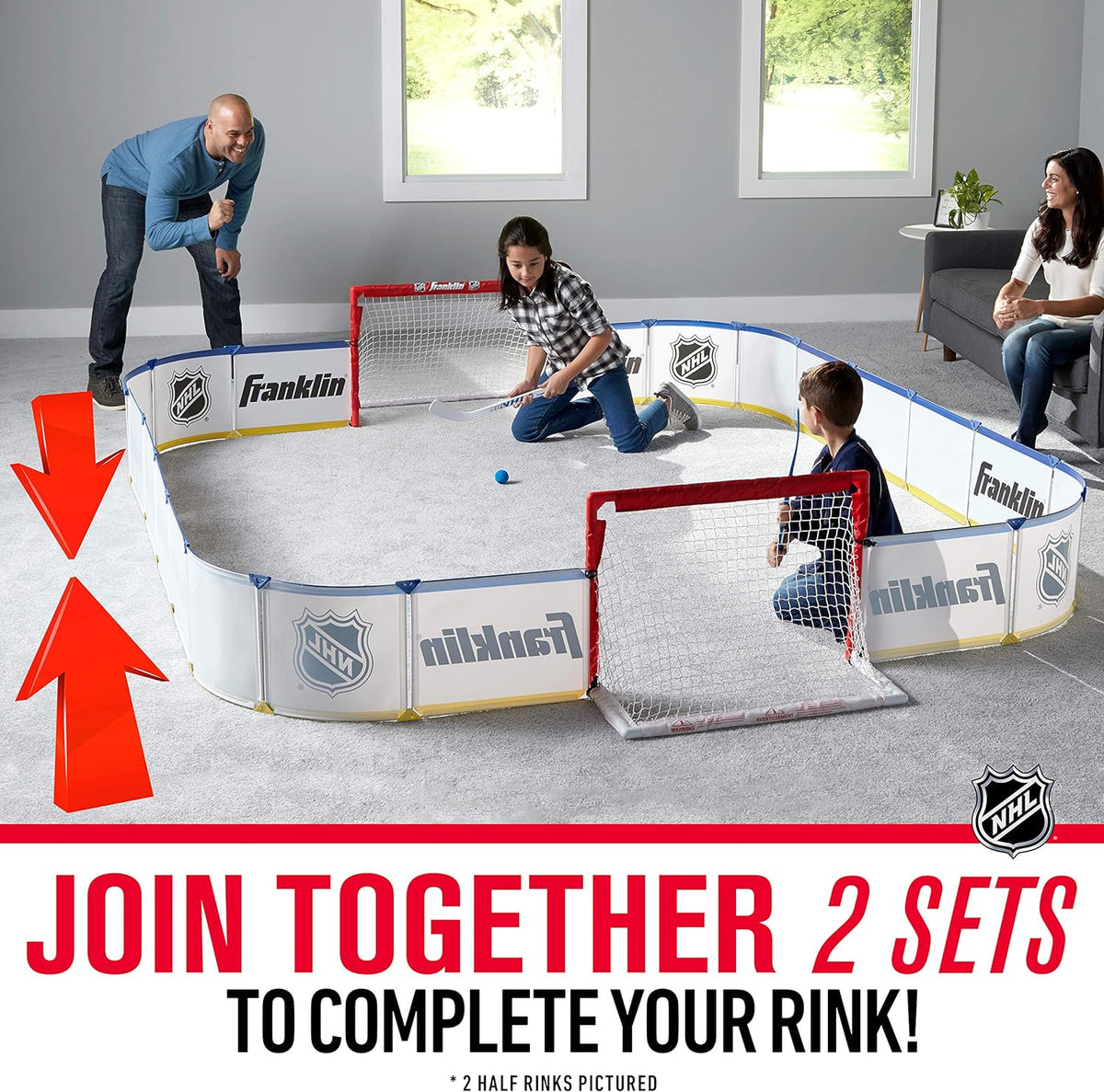 Franklin Sports Mini Hockey Rink Set - Half Rink Knee Hockey Goal, Mini Sticks, and Ball Set - Indoor Mini Hockey Rink - Official NHL Licensed