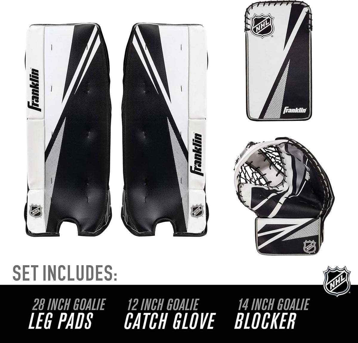 Franklin Sports Street Hockey Goalie Set - Leg Pads - Catch Glove - Blocker - Premium Durability - Officially Licensed NHL Product