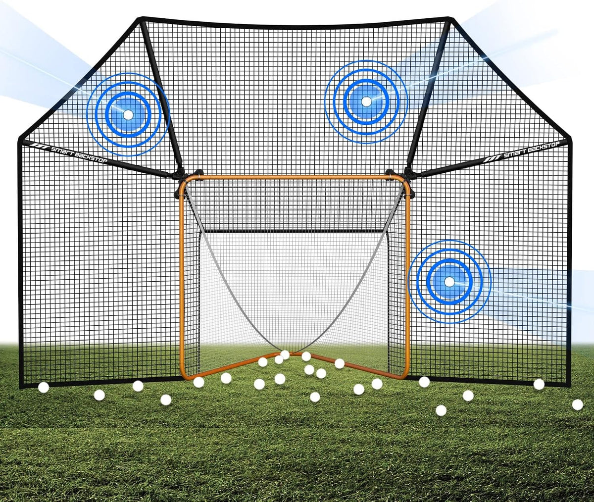 SmartBackstop for Lacrosse, Practice SmartÂ®. Attaches Directly to Goal & Folds Away When not in use, 14 x 10 ft of Durable net Coverage, fits All Round & Square Corner Regulation 6 x 6 Goals.