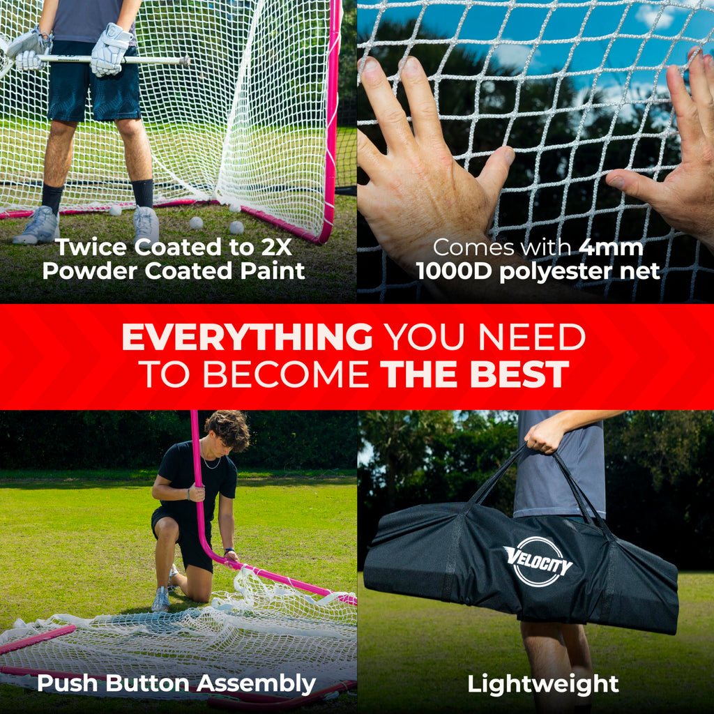 Velocity Official Size 6x6x7' Backyard Lacrosse Practice and Training Goal, Includes 4MM Lacrosse Net, for Youth, Kids, and Adults