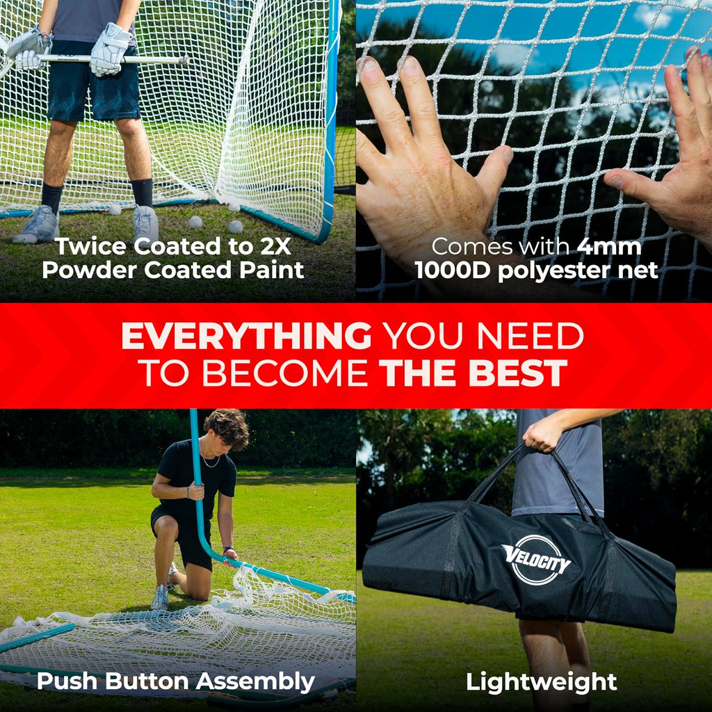 Velocity Official Size 6x6x7' Backyard Lacrosse Practice and Training Goal, Includes 4MM Lacrosse Net, for Youth, Kids, and Adults
