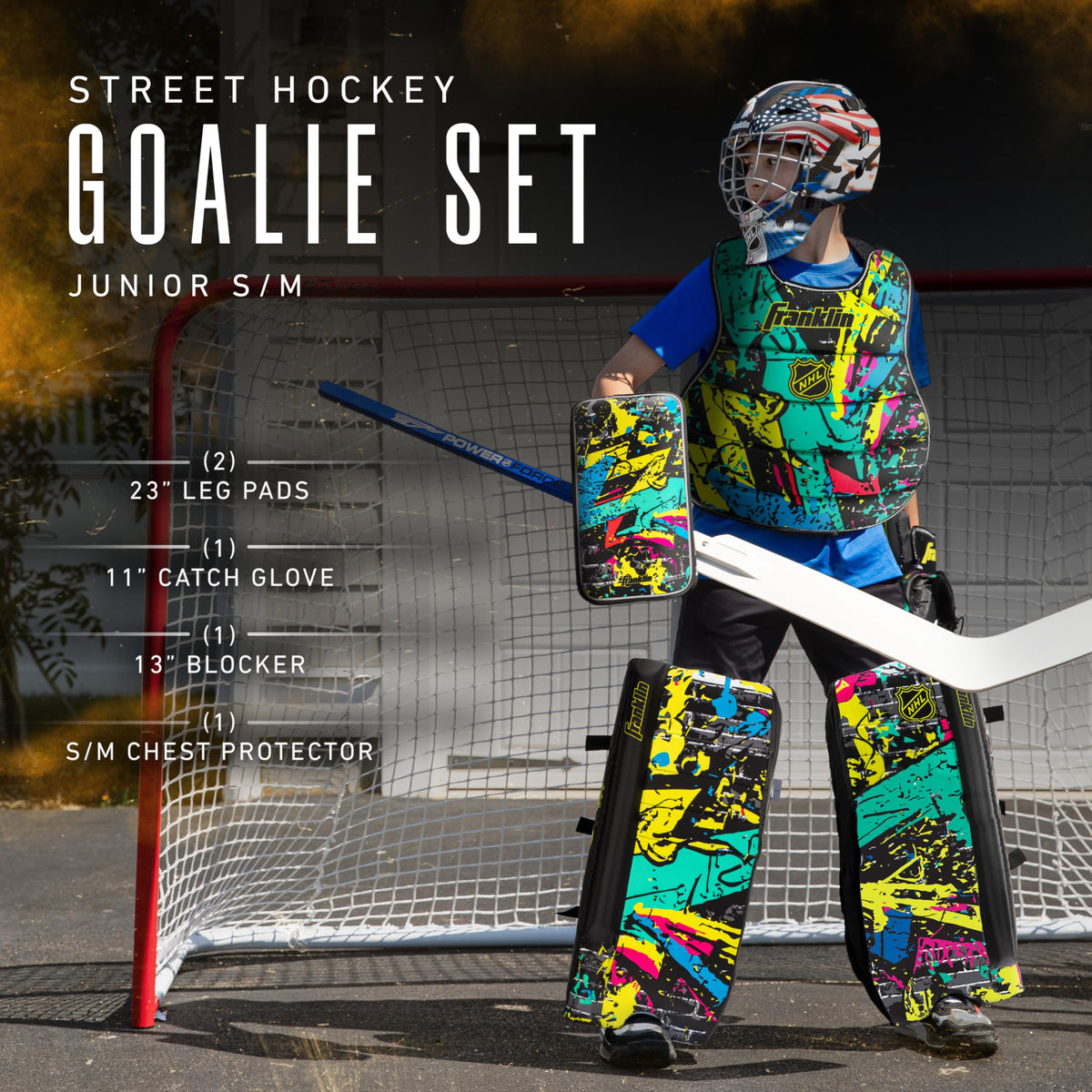 Franklin Sports NHL Kids Street Hockey Goalie Pads Set - Kids Hockey Training Equipment - Includes Block Pad, Catch Glove, and Goalie Pads