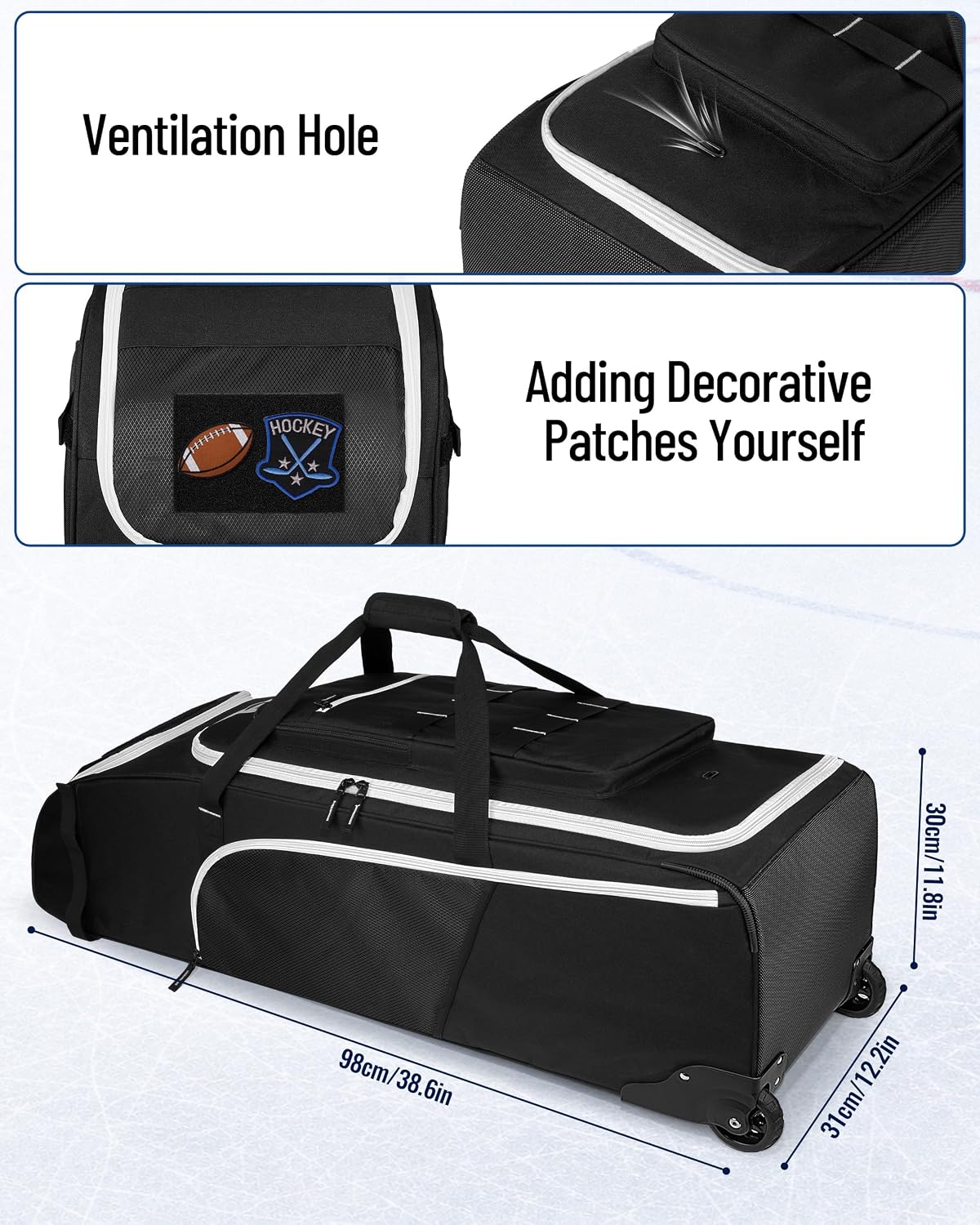 CURMIO Hockey Bag with Wheels, 38-Inch Rolling Ice Hockey Travel Bag