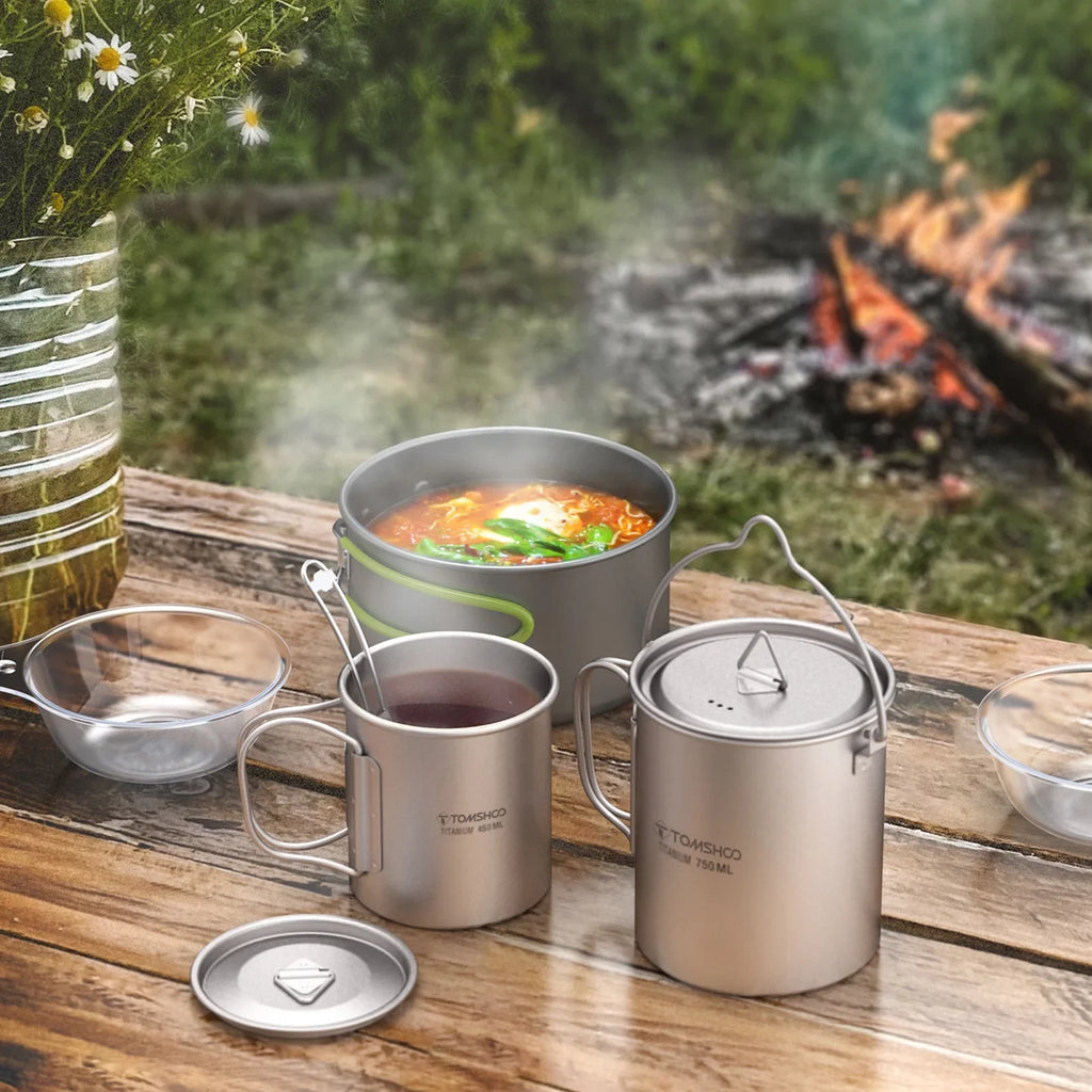TOMSHOO cup kit,With Lid 450ml Water Cup 3 Pieces Set 750ml Pot Lid Collapsible Handle Cup With Handle Spork Pot With Handle Open Fire Adben Lid Coffee Cup Set Ium 750ml