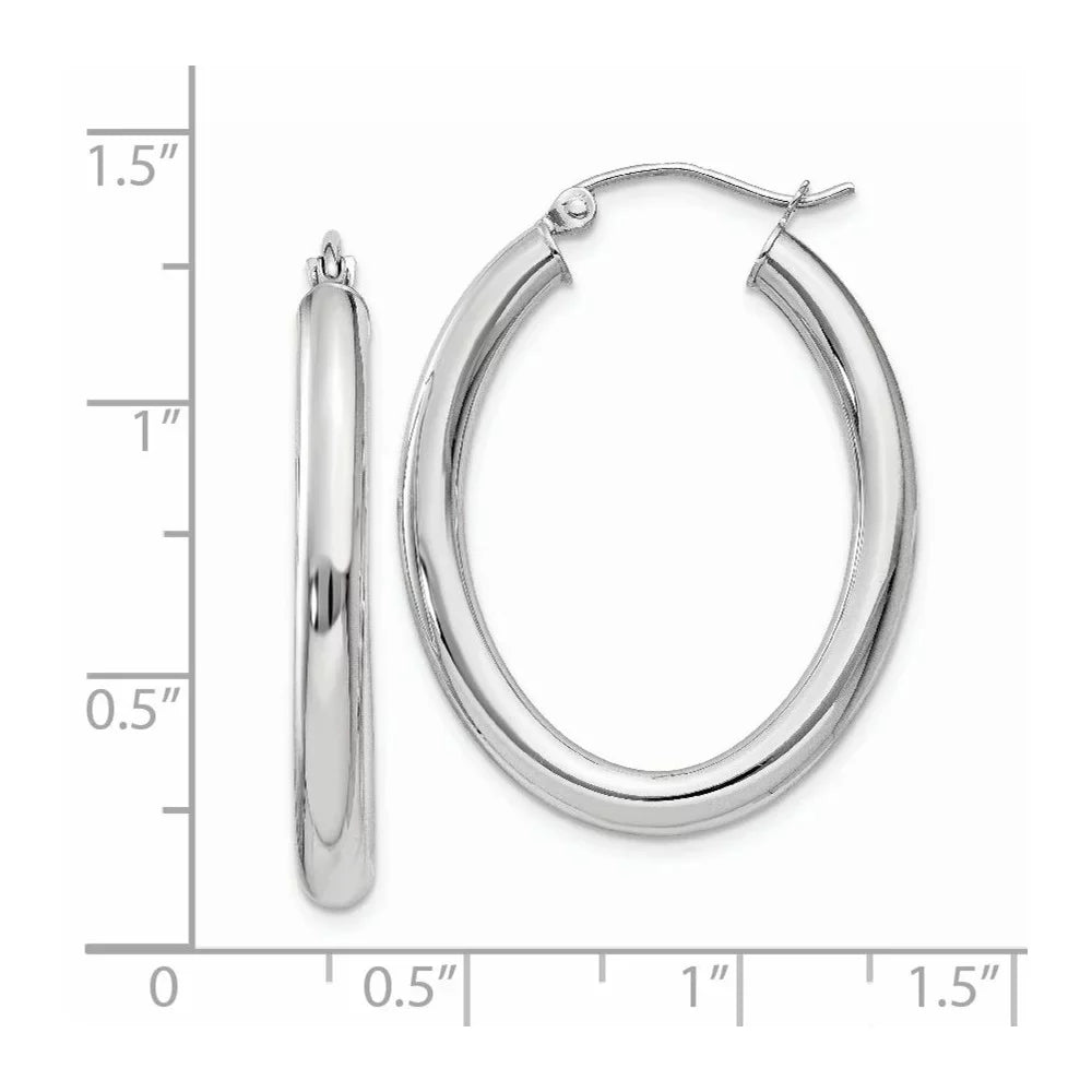 Real 14kt White Gold Polished 3.5mm Oval Tube Hoop Earrings; for Adults and Teens; for People and Gentlemen