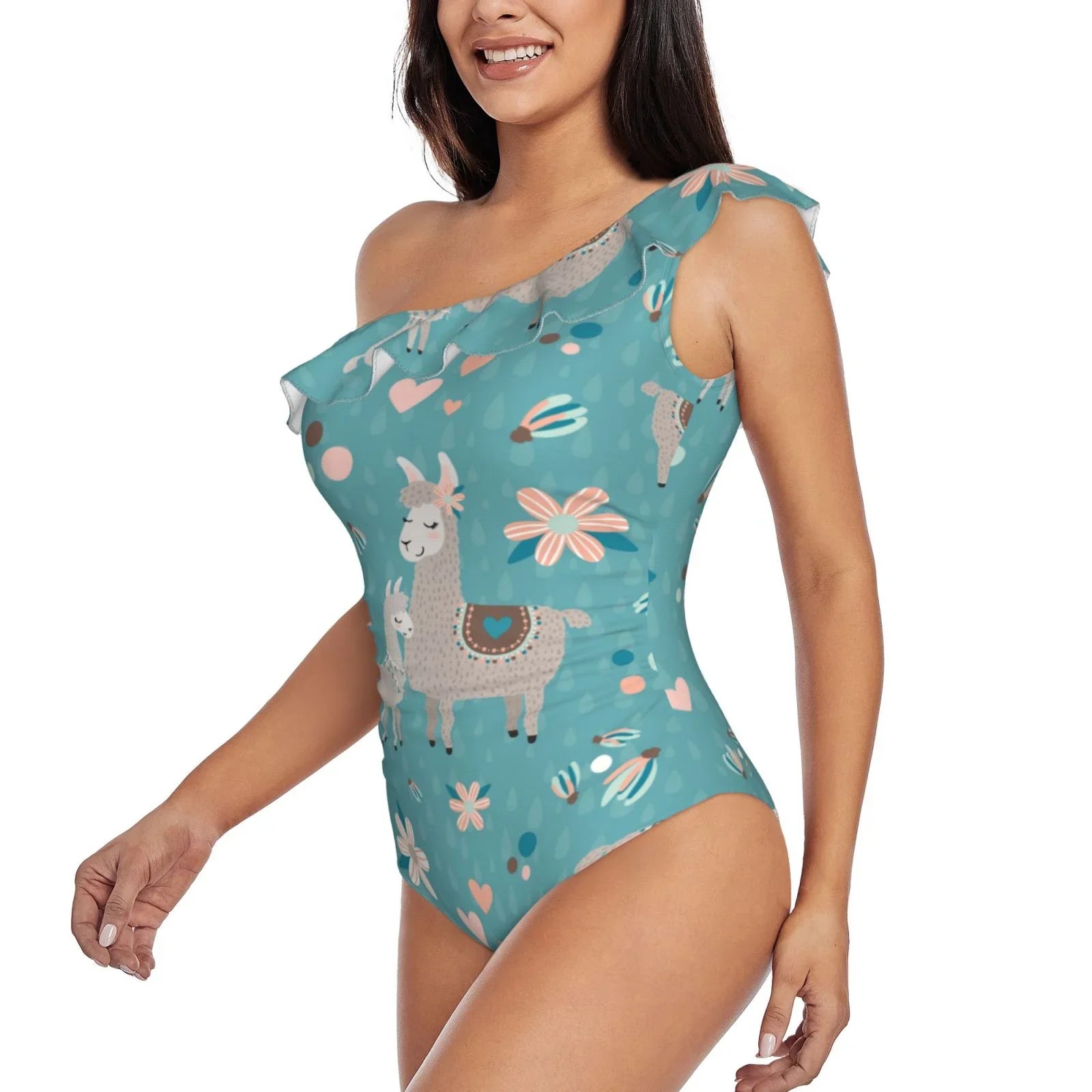 Coaee Teal Mama Llama People One Piece Swimsuits One Shoulder Swimwear Asymmetric Ruffle Monokinis Bathing Suits - Small