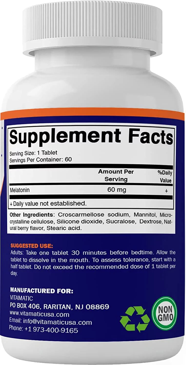 Vitamatic Melatonin 60mg Fast Dissolve Tablets - 60 Vegan Natural Berry Flavor Tablets - Non-Habit Forming - Non-GMO, Gluten Free (2 Bottles)