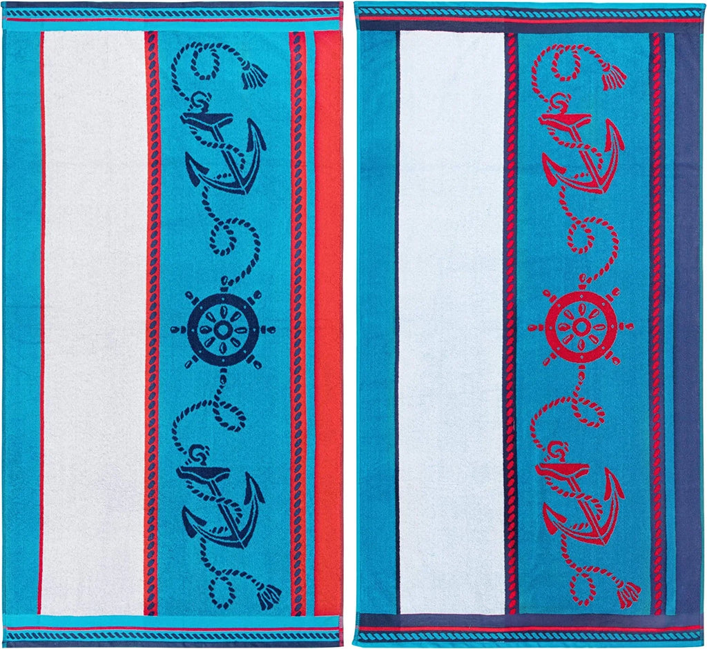 Cotton Striped Beach Towel Set For Kids, Adults, Travel, Pool, Shower, Swimming, Quick Dry, Vacation, Camping, Bathroom, Absorbent, Sailing Collection, 34" X 64", Blue/Red/White, 2 Piece