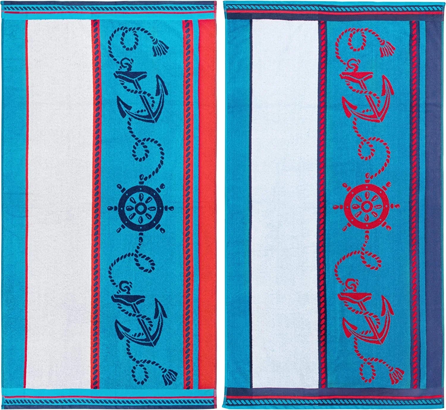 Cotton Striped Beach Towel Set For Kids, Adults, Travel, Pool, Shower, Swimming, Quick Dry, Vacation, Camping, Bathroom, Absorbent, Sailing Collection, 34" X 64", Blue/Red/White, 2 Piece