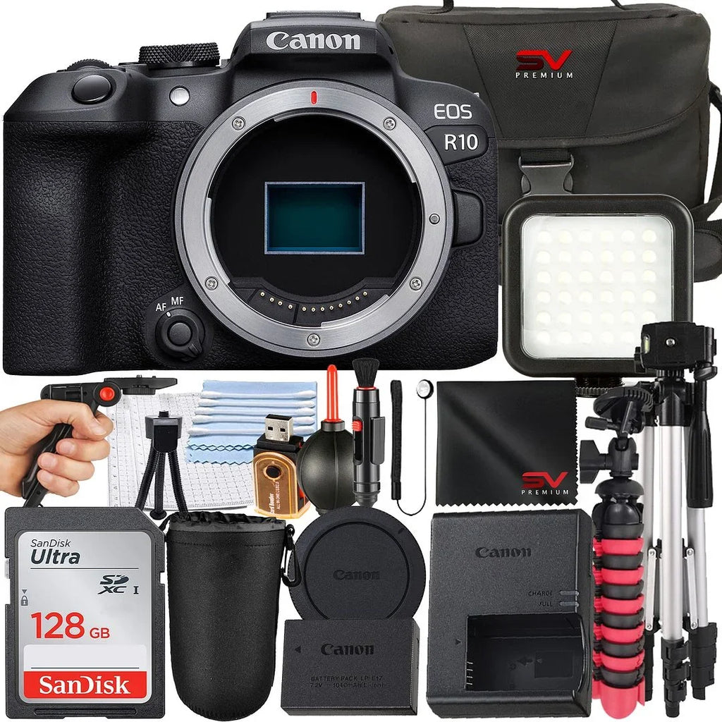 Canon EOS R10 Mirrorless Camera (Body Only) with SanDisk 128GB Memory Card + Case + Tripod + SV Premium Accessory Bundle