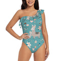 Coaee Teal Mama Llama People One Piece Swimsuits One Shoulder Swimwear Asymmetric Ruffle Monokinis Bathing Suits - Small