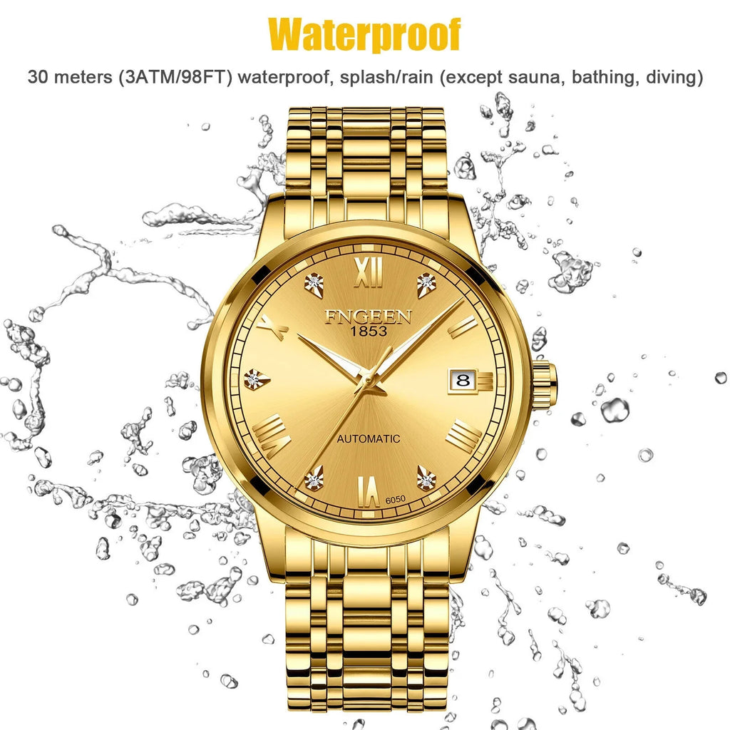 Luxury People Automatic Mechanical Watch Waterproof Stainless Steel Gold Tone Wrist
