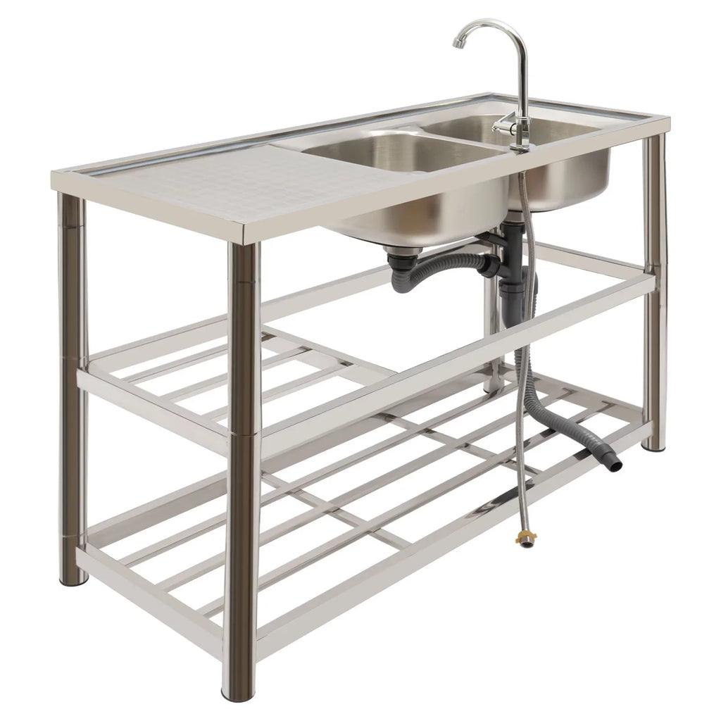 Aiqidi Commercial Stainless Steel Sink Double Bowl Freestanding Restaurant Kitchen Prep & Utility Sink Basin with Channel
