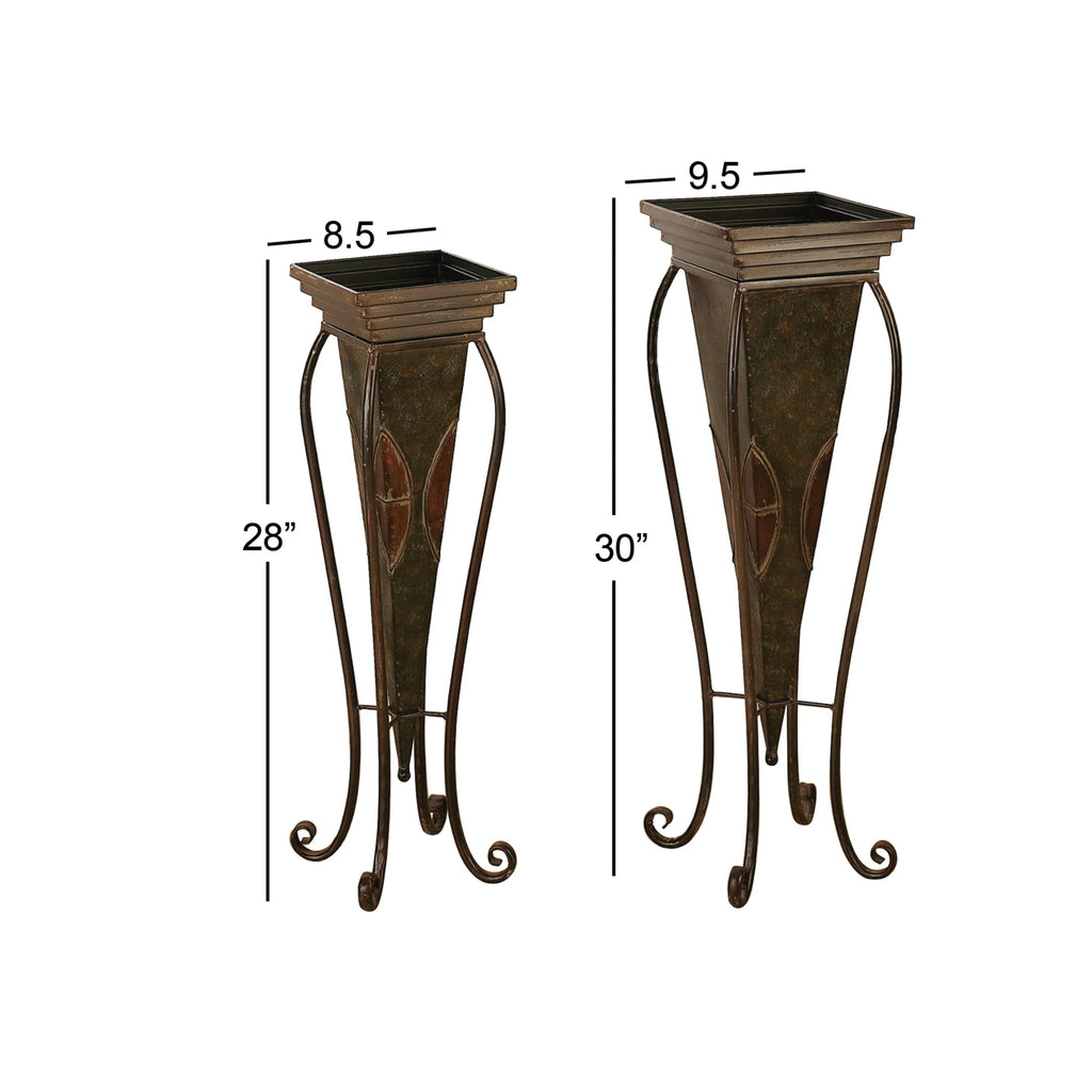 DecMode 30", 28"H Indoor Outdoor Brown Metal Planter with Scroll Stand (2 Count)