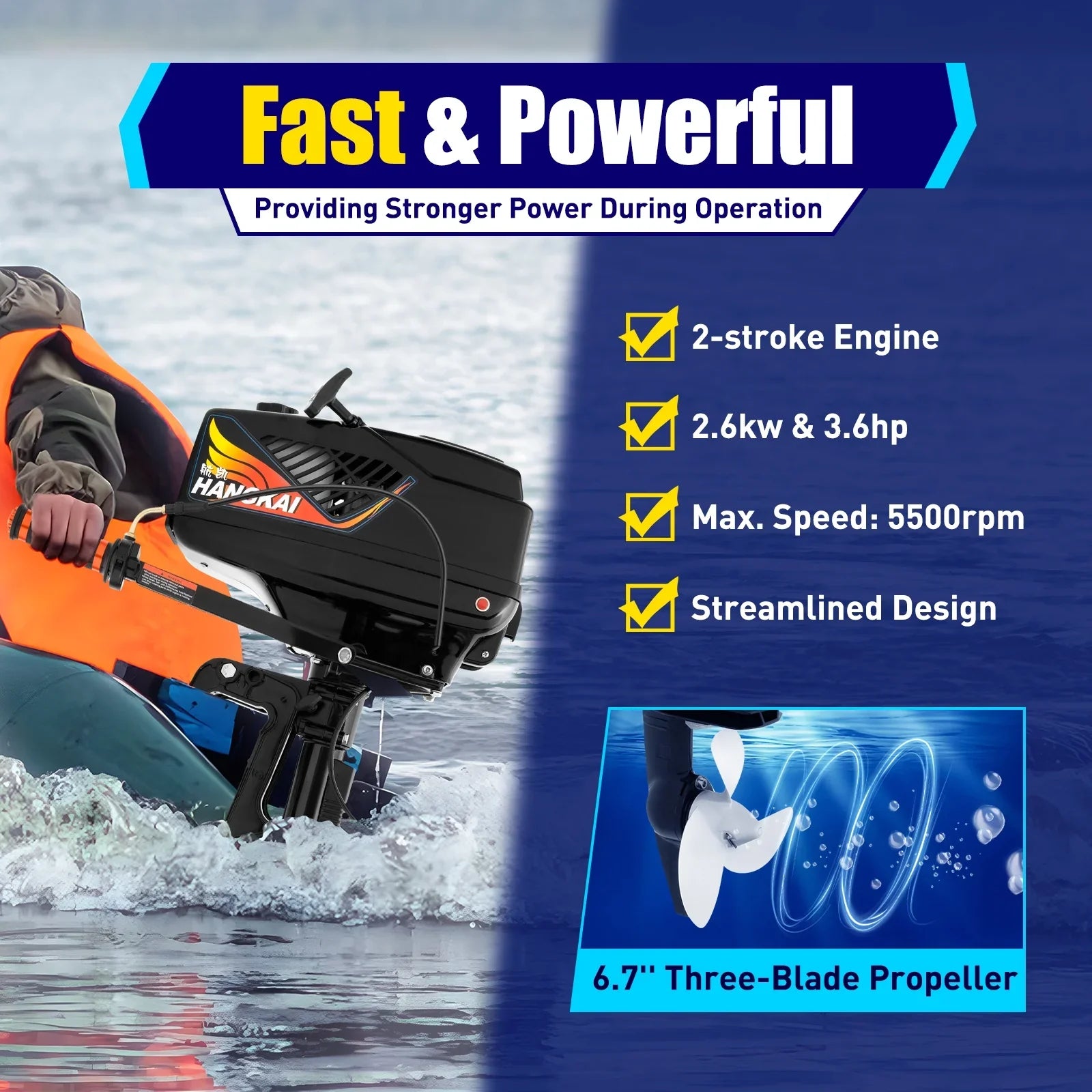 2 Stroke 3.6 HP Gasoline Outboard Motor, 55cc Fishing Boat Engine with Water Cooling System Clutch Control Midnight