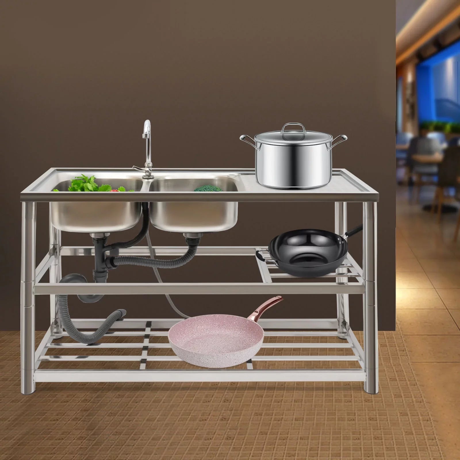 Aiqidi Commercial Stainless Steel Sink Double Bowl Freestanding Restaurant Kitchen Prep & Utility Sink Basin with Channel