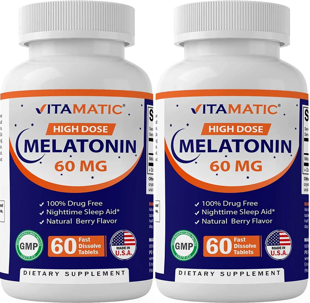 Vitamatic Melatonin 60mg Fast Dissolve Tablets - 60 Vegan Natural Berry Flavor Tablets - Non-Habit Forming - Non-GMO, Gluten Free (2 Bottles)