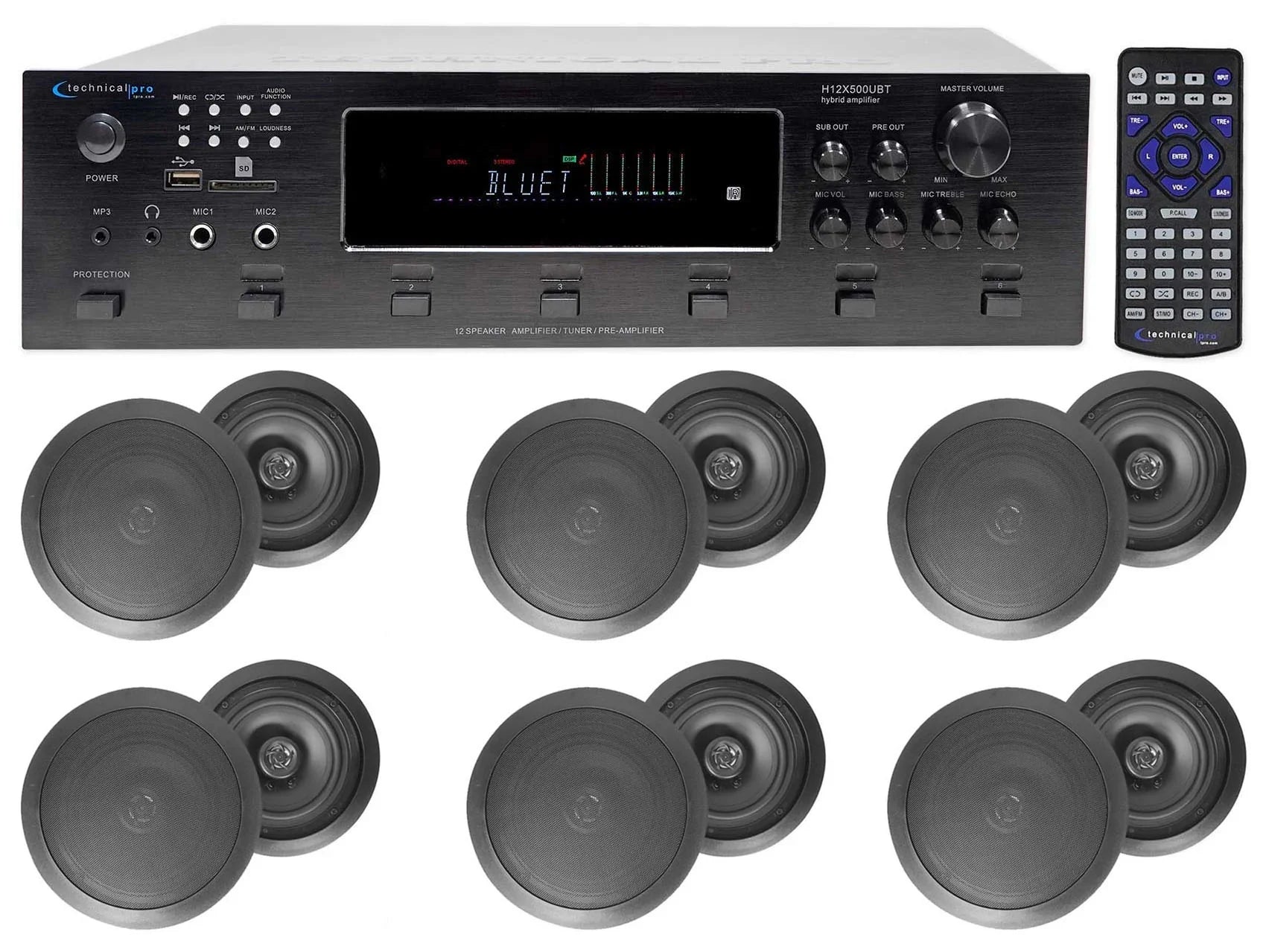 6000w 6) Zone, Home Theater Bluetooth Receiver+(12) Dark 6.5" Ceiling Speakers
