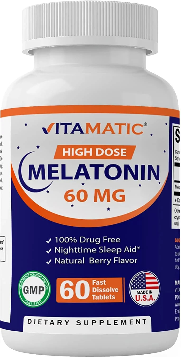 Vitamatic Melatonin 60mg Fast Dissolve Tablets - 60 Vegan Natural Berry Flavor Tablets - Non-Habit Forming - Non-GMO, Gluten Free (2 Bottles)