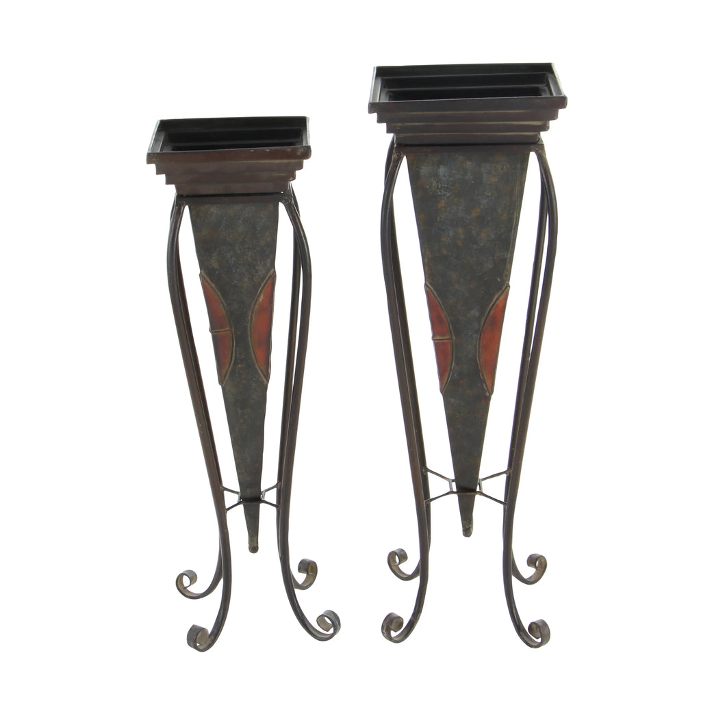 DecMode 30", 28"H Indoor Outdoor Brown Metal Planter with Scroll Stand (2 Count)