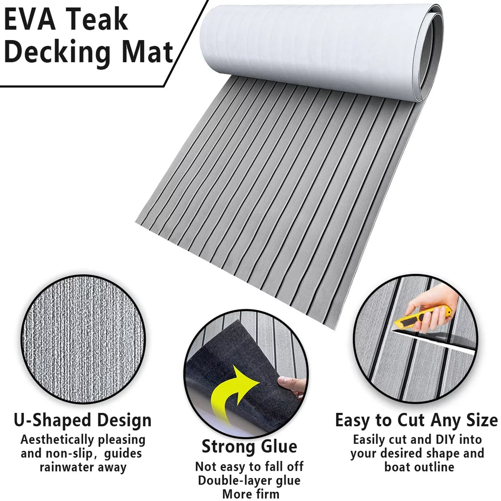 HJDECK EVA Foam Faux Teak Boat Decking Sheet/Carpet Self-Adhesive Non-Skid Fits for Sea Deck Marine Yacht RV Boat Flooring Mats/Decking Pad 94"x 35"