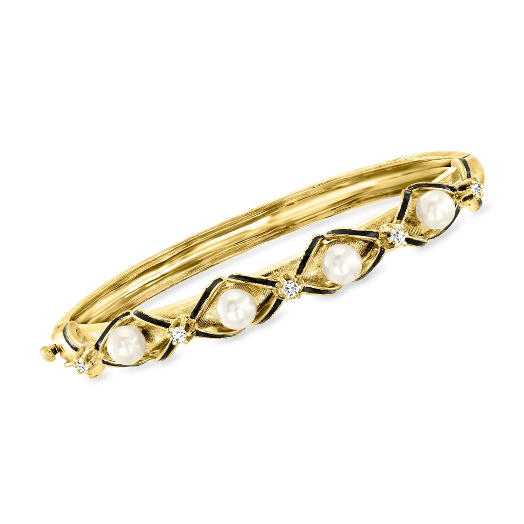 Ross-Simons C. 1970 Vintage 5.5mm Cultured Pearl and .25 ct. t.w. Diamond Bangle Bracelet With Midnight Enamel in 14kt Yellow Gold, People Adult, Pre-Owned