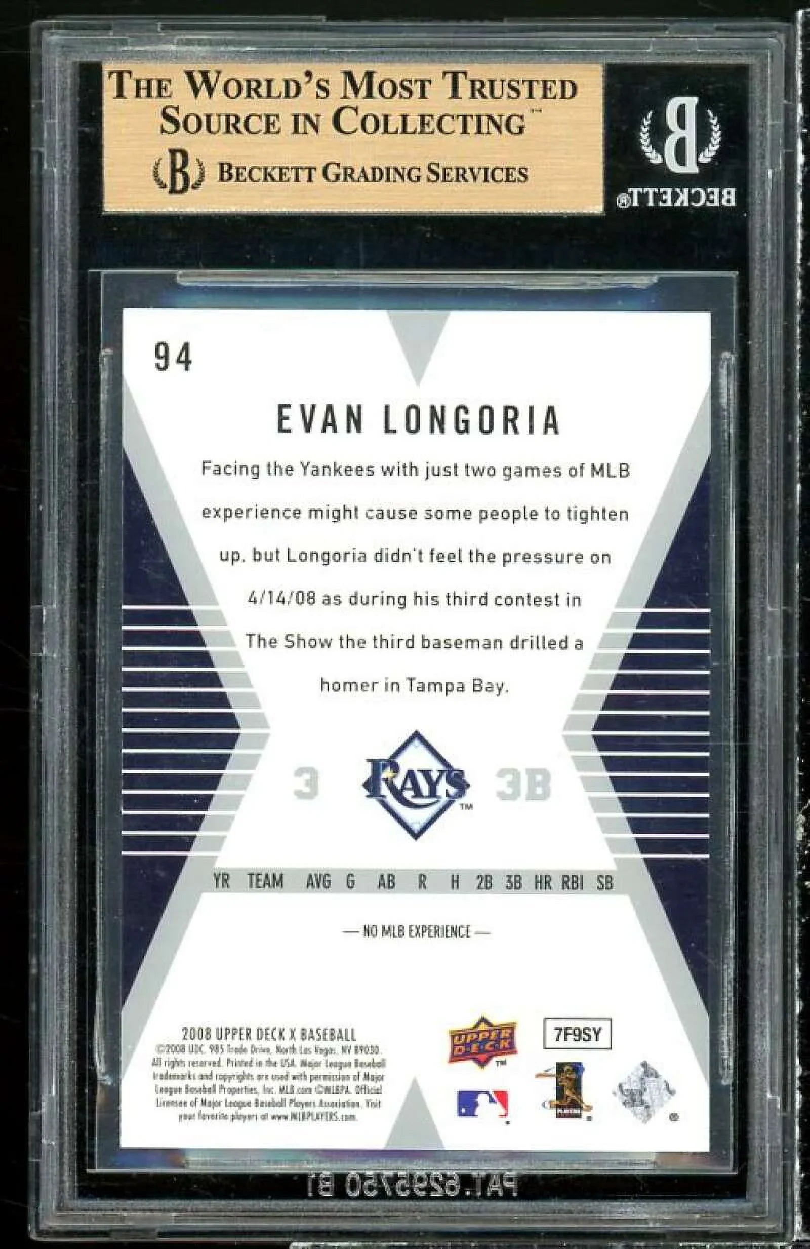 Evan Longoria Rookie Card 2008 Upper Deck X #94 (pristine) BGS 10