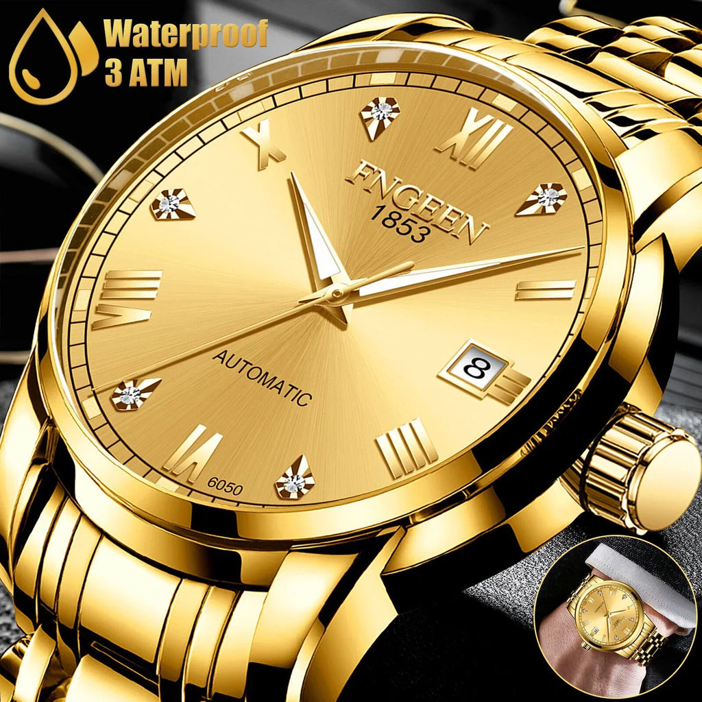 Luxury People Automatic Mechanical Watch Waterproof Stainless Steel Gold Tone Wrist