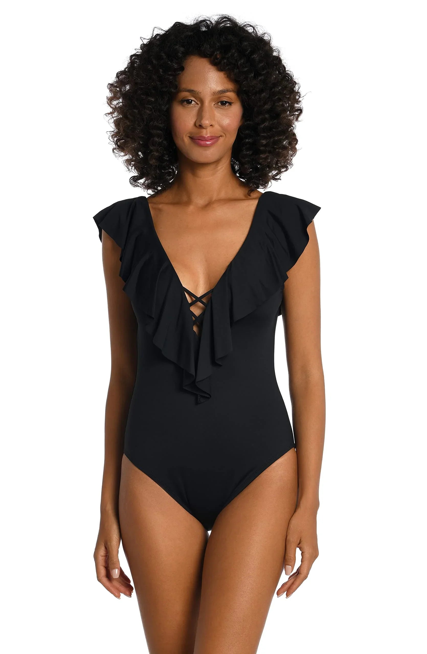 La Blanca People Island Goddess Over The Shoulder Ruffle Plunge One Piece, Dark 4