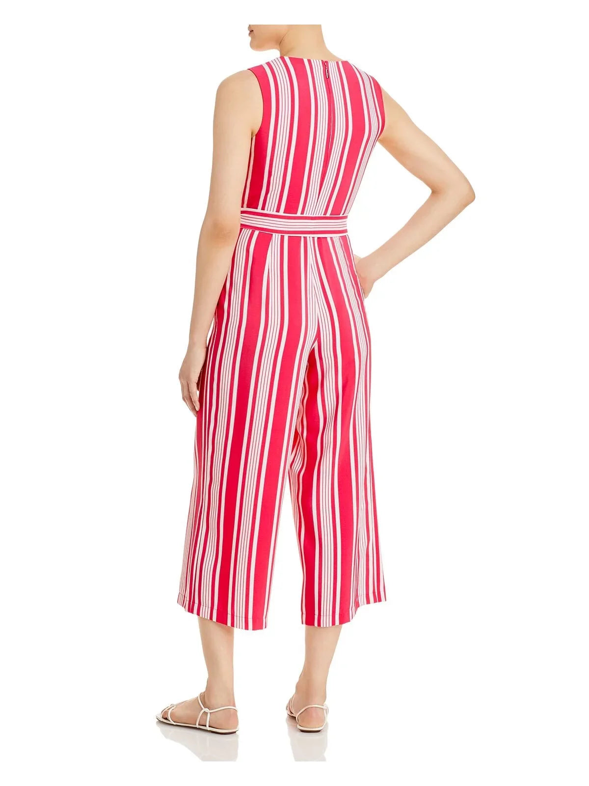 KARL LAGERFELD People Pink Zippered Pocketed Self Tie Sash Striped Sleeveless Surplice Neckline Wear To Work Wide Leg Jumpsuit 2