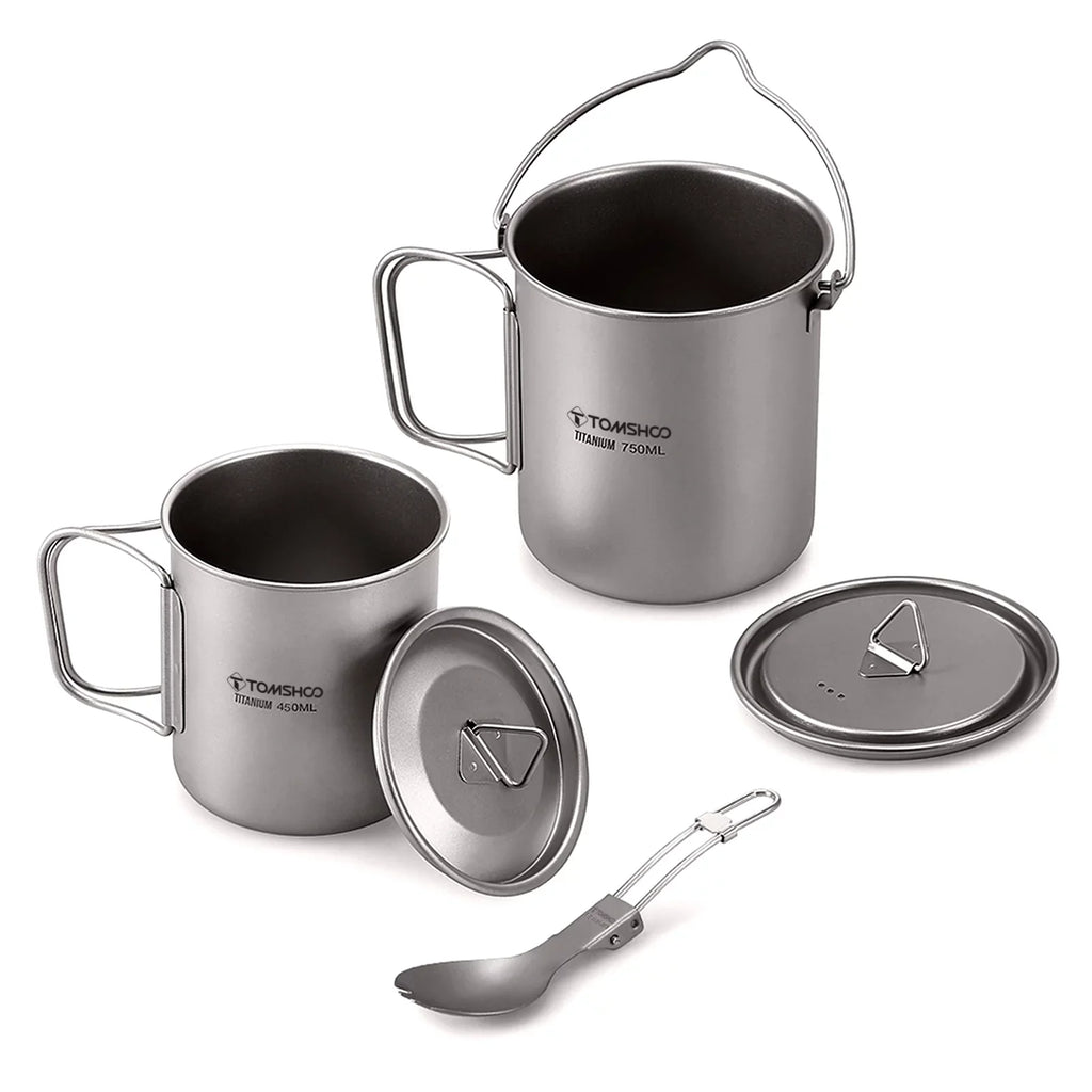 TOMSHOO cup kit,With Lid 450ml Water Cup 3 Pieces Set 750ml Pot Lid Collapsible Handle Cup With Handle Spork Pot With Handle Open Fire Adben Lid Coffee Cup Set Ium 750ml