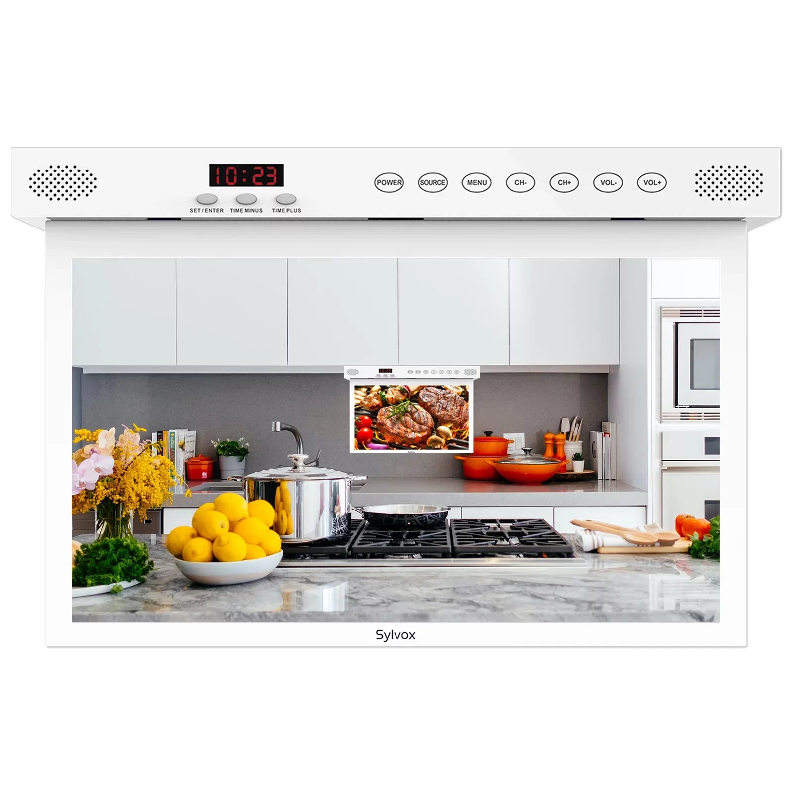 Sylvox 15.6" Kitchen TV Flap down Smart TV Android 11.0 Supports Timing Bluetooth WiFi Foldable Under Cabinet TV