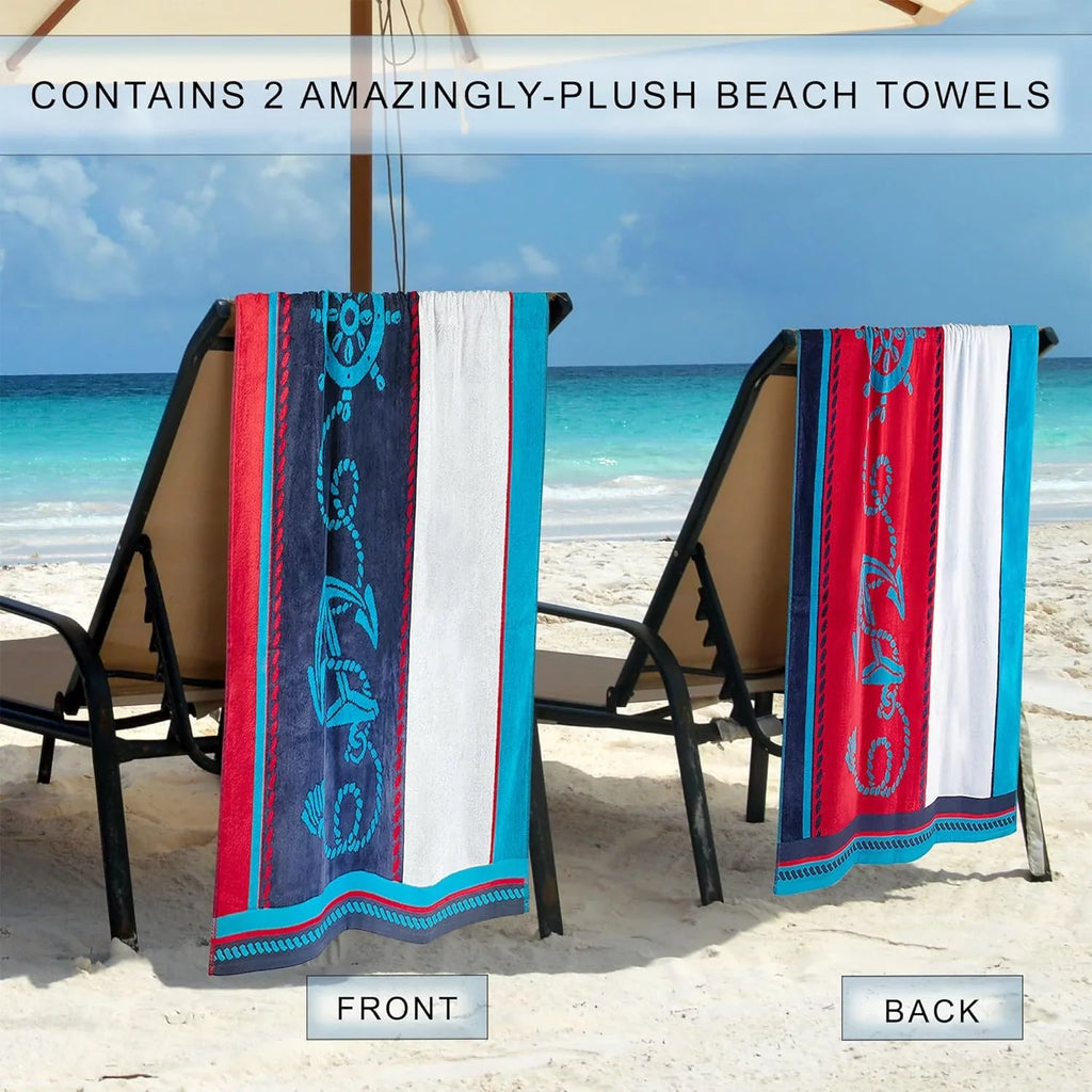 Cotton Striped Beach Towel Set For Kids, Adults, Travel, Pool, Shower, Swimming, Quick Dry, Vacation, Camping, Bathroom, Absorbent, Sailing Collection, 34" X 64", Blue/Red/White, 2 Piece