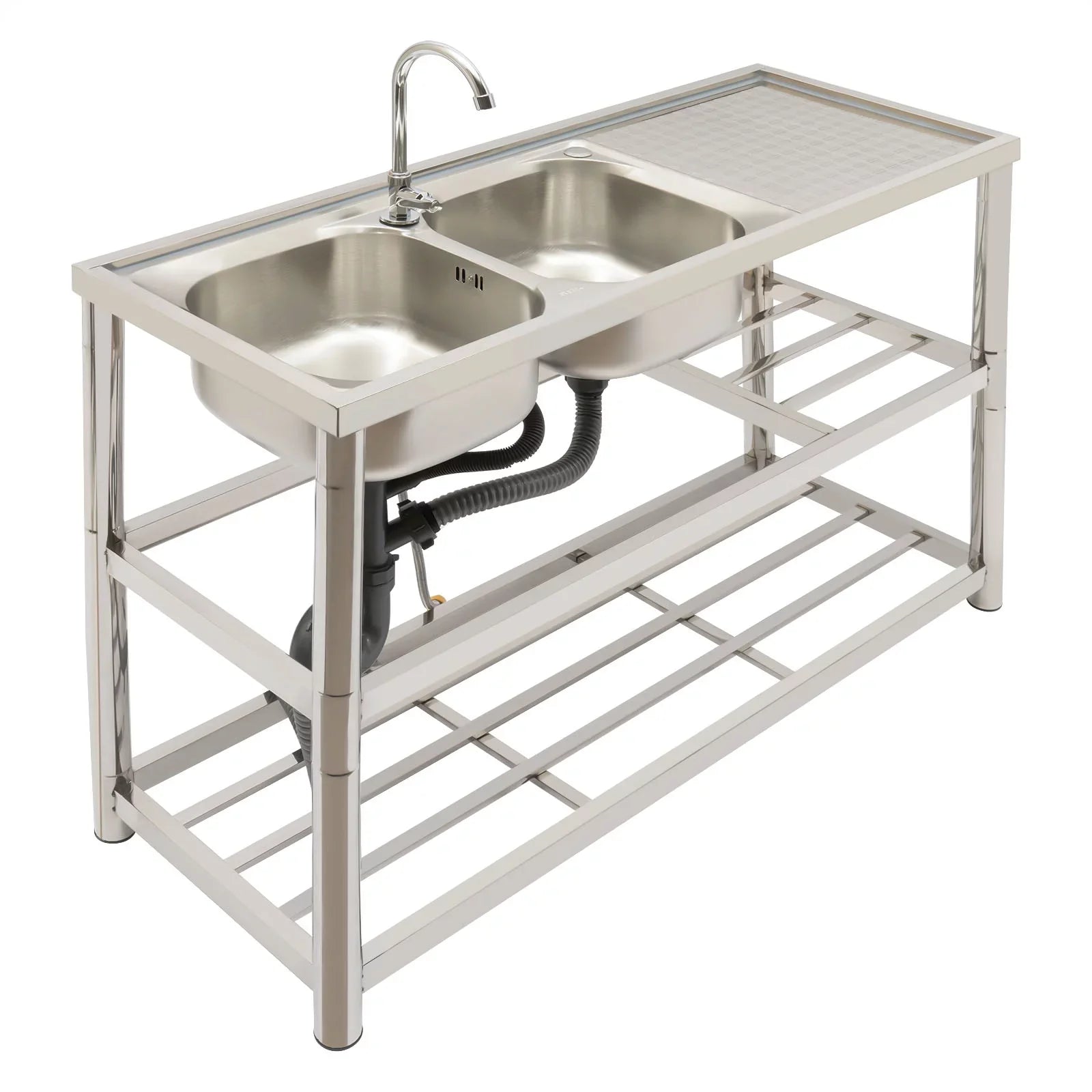 Aiqidi Commercial Stainless Steel Sink Double Bowl Freestanding Restaurant Kitchen Prep & Utility Sink Basin with Channel