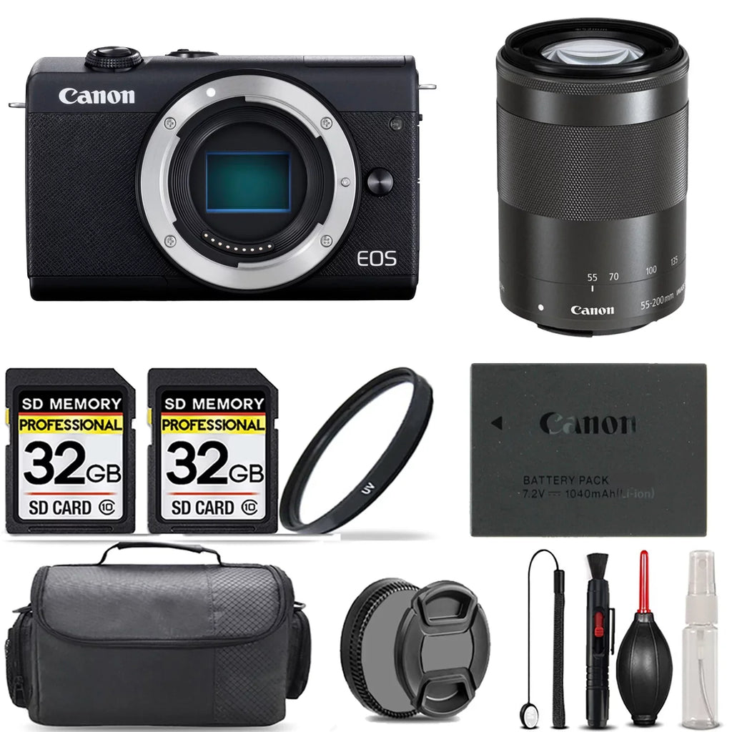 Canon EOS M200 Mirrorless Camera Dark + 55-200mm f/4.5-6.3 IS STM Lens Dark +UV Filter + 64GB + Bag & More!