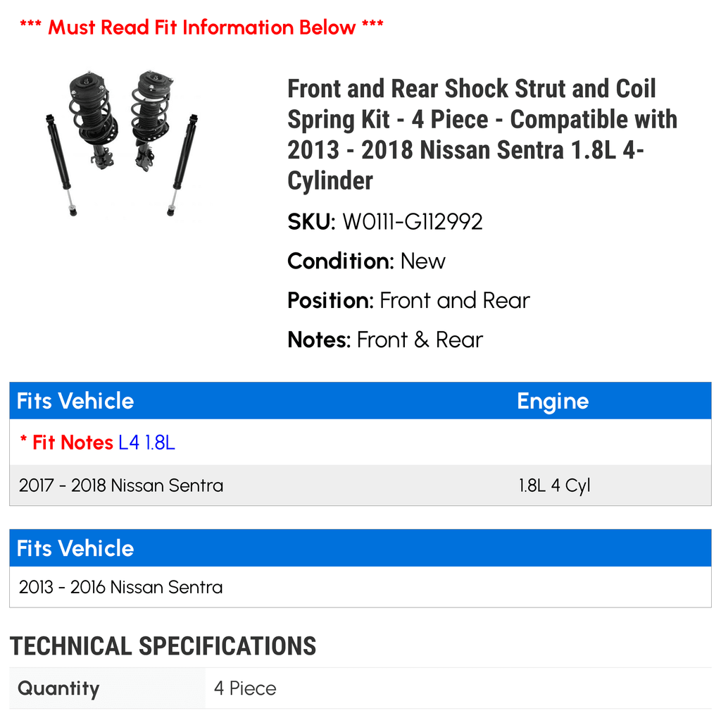 Front and Rear Shock Strut and Coil Spring Kit - 4 Piece - Compatible with 2013 - 2018 Nissan Sentra 1.8L 4-Cylinder 2014 2015 2016 2017