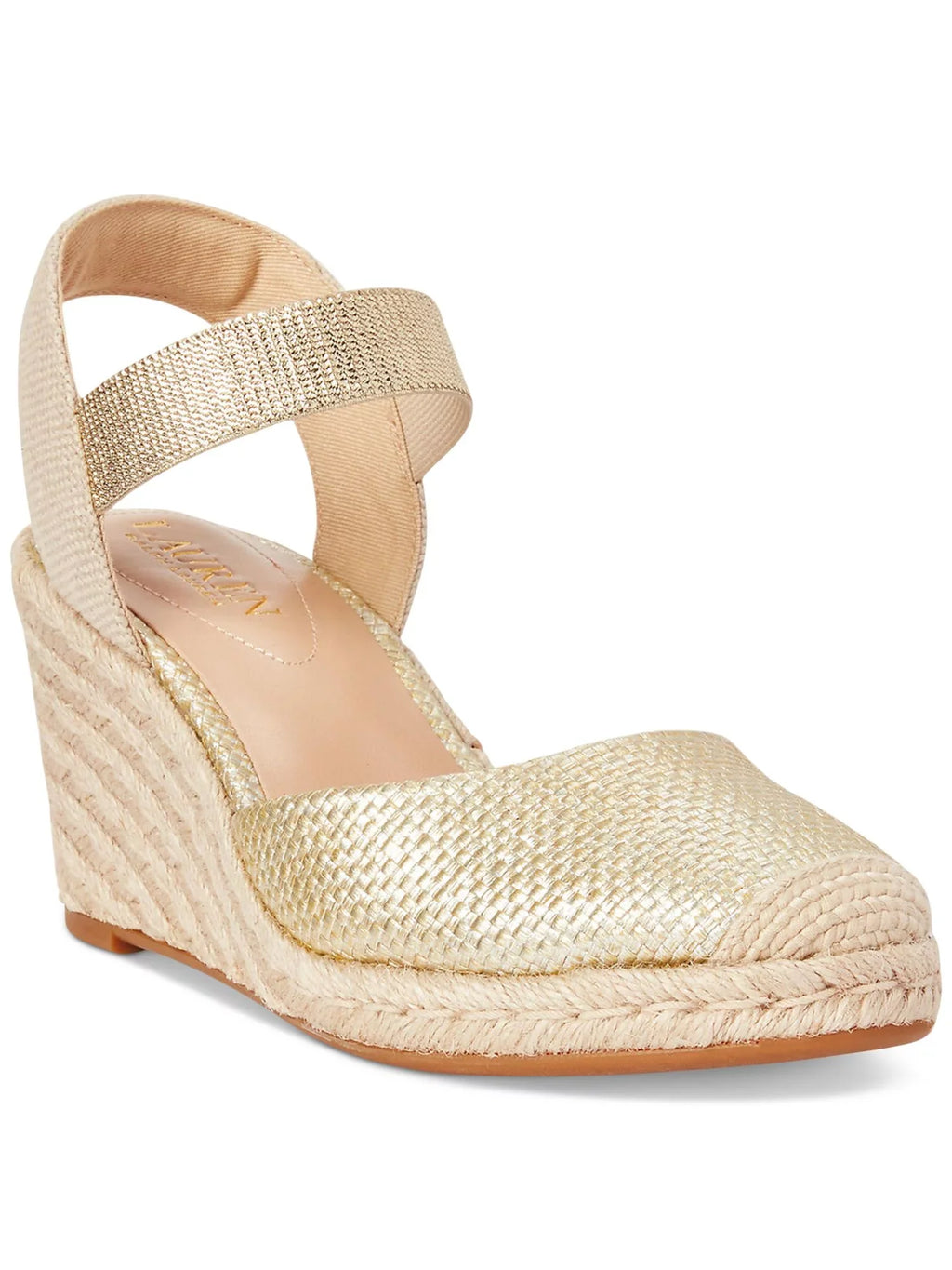 LAUREN RALPH LAUREN People Gold Mixed Media Ankle Strap Padded Pearle Cap Toe Wedge Slip On Espadrille Shoes 8 B