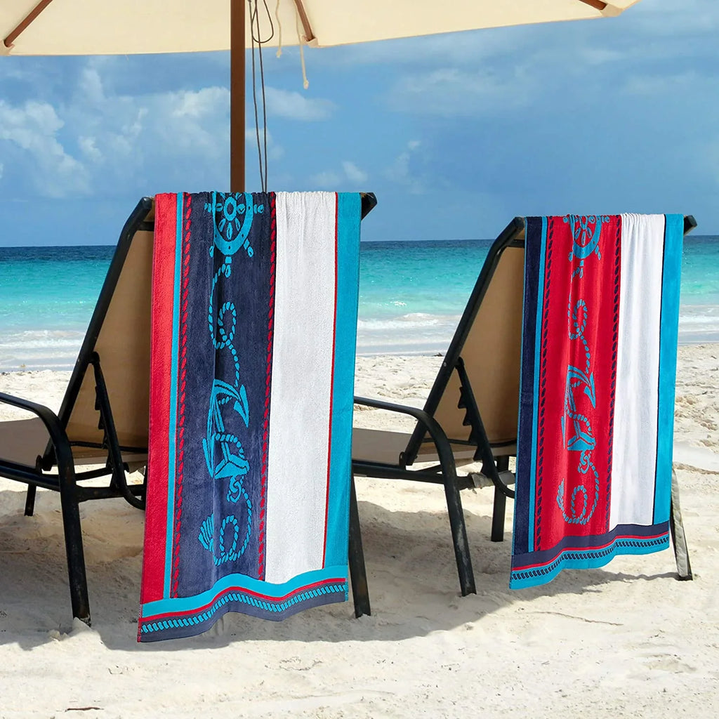 Cotton Striped Beach Towel Set For Kids, Adults, Travel, Pool, Shower, Swimming, Quick Dry, Vacation, Camping, Bathroom, Absorbent, Sailing Collection, 34" X 64", Blue/Red/White, 2 Piece