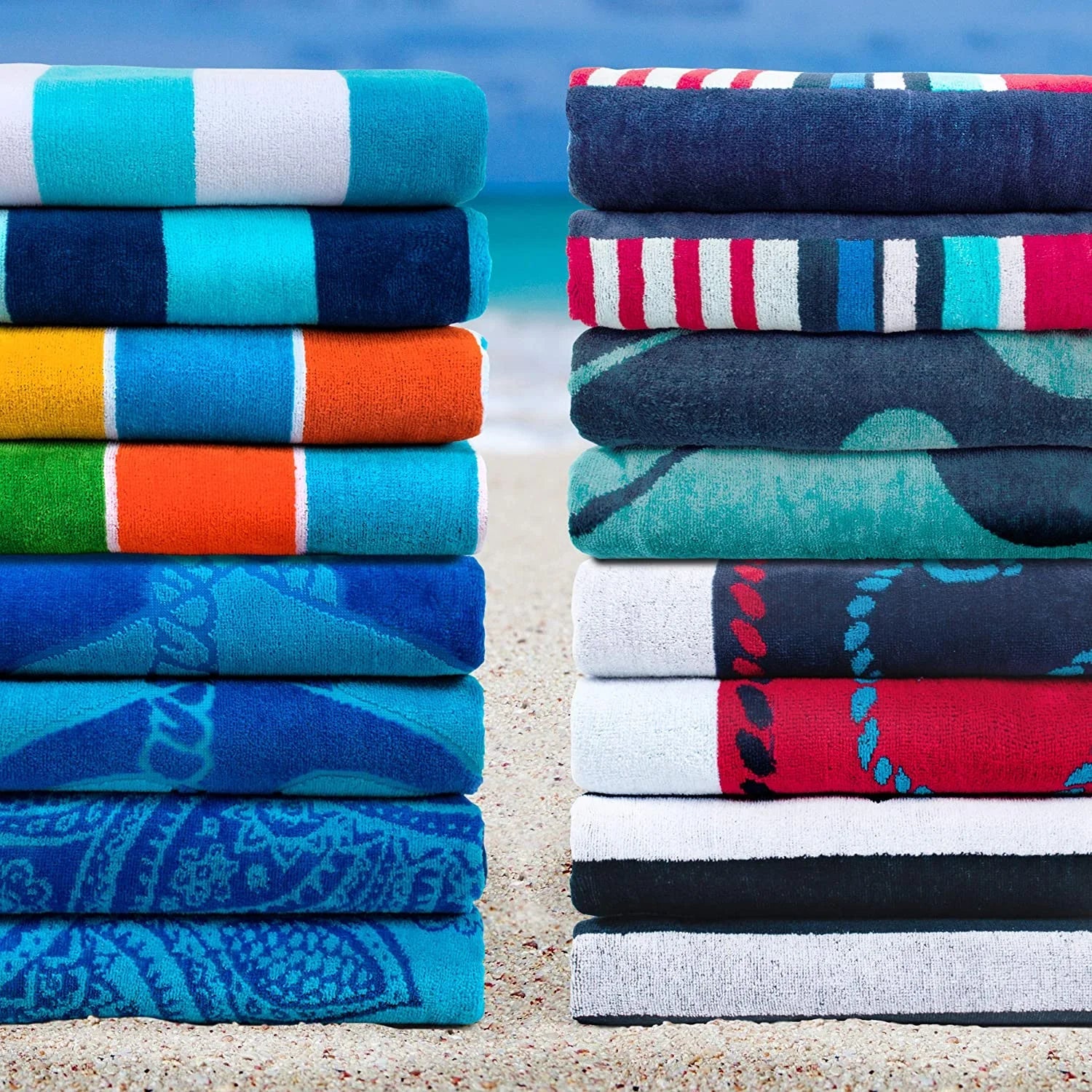 Cotton Striped Beach Towel Set For Kids, Adults, Travel, Pool, Shower, Swimming, Quick Dry, Vacation, Camping, Bathroom, Absorbent, Sailing Collection, 34" X 64", Blue/Red/White, 2 Piece