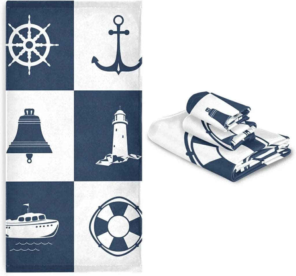 Dreamtimes Bath Towel Sets for Bathroom Hand Towels Fingertip Towels Sailing Vessel Anchor Lighthouse Checked 3 Piece Decorative Soft Cotton Absorbent