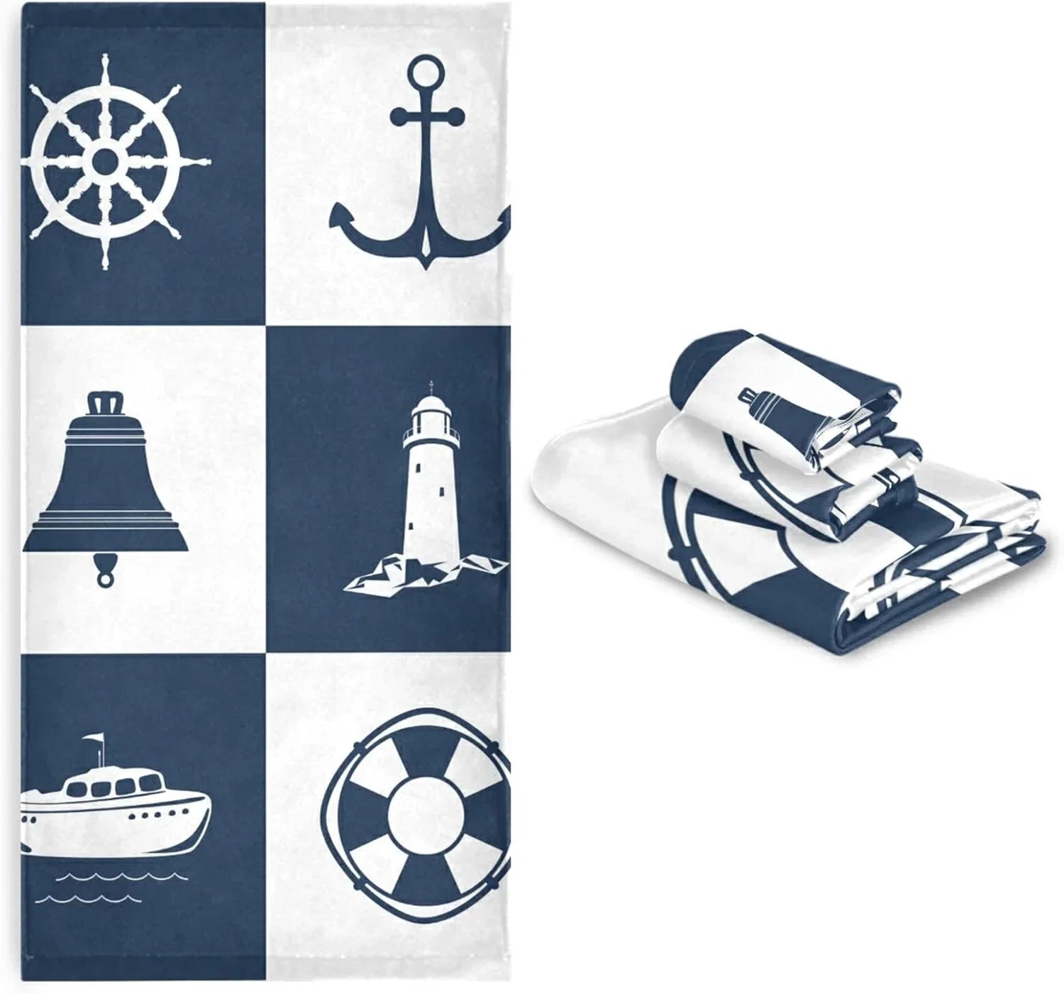 Dreamtimes Bath Towel Sets for Bathroom Hand Towels Fingertip Towels Sailing Vessel Anchor Lighthouse Checked 3 Piece Decorative Soft Cotton Absorbent