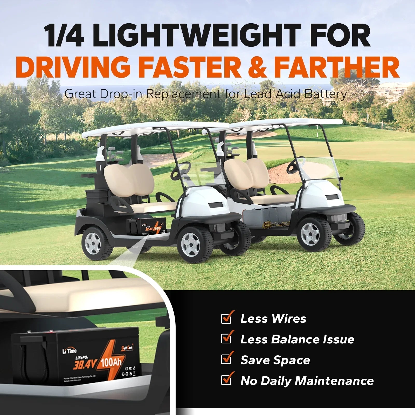 LiTime 36V 100Ah Golf Cart LiFePO4 Lithium GC2 Battery, Built-in 200A BMS, Max. 15000 Deep Cycle, Max. Power 7.68kW and Support 2C Discharge, Perfect for Golf Cart, RV, Trolling Motor, Lawn Mower