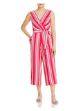 KARL LAGERFELD People Pink Zippered Pocketed Self Tie Sash Striped Sleeveless Surplice Neckline Wear To Work Wide Leg Jumpsuit 2