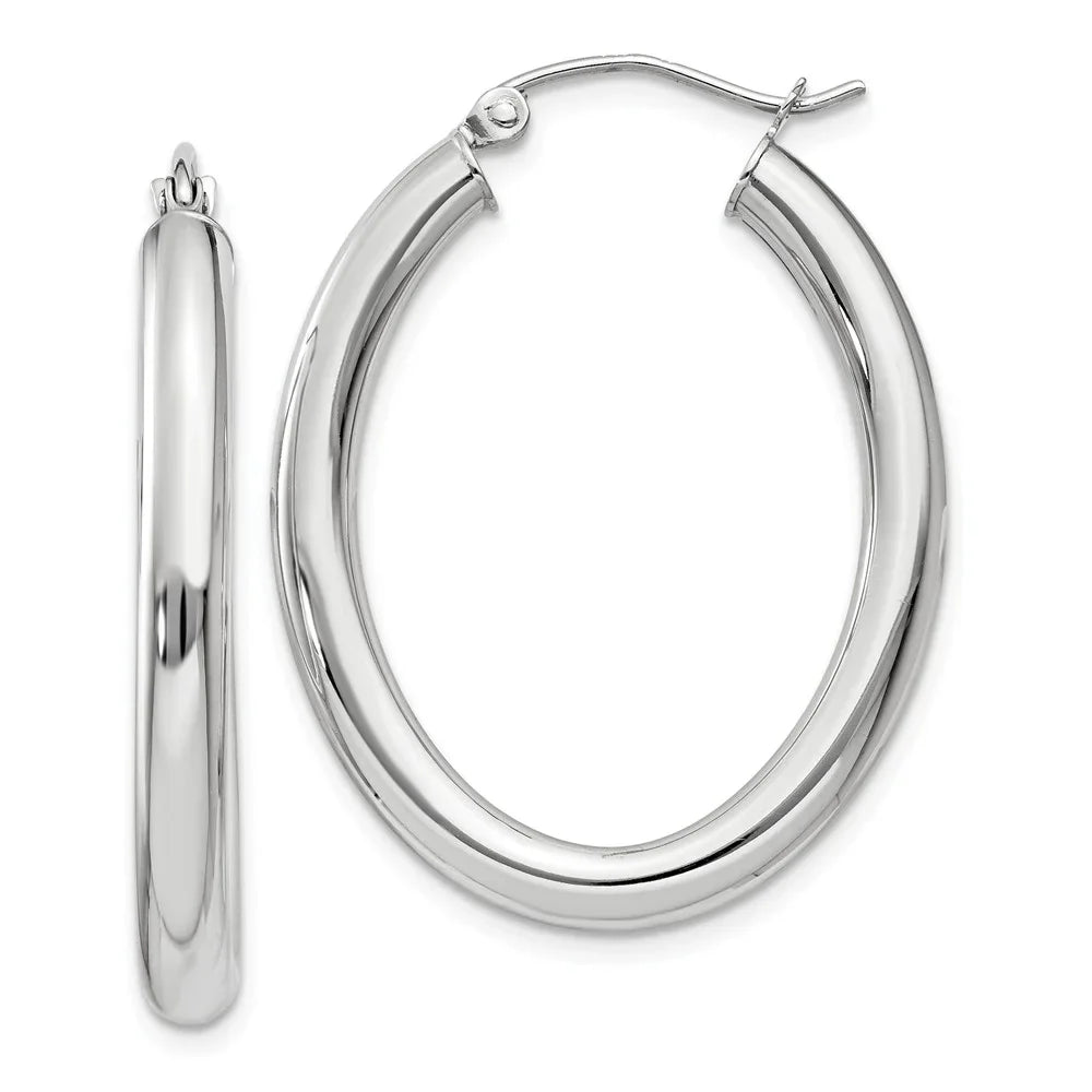 Real 14kt White Gold Polished 3.5mm Oval Tube Hoop Earrings; for Adults and Teens; for People and Gentlemen