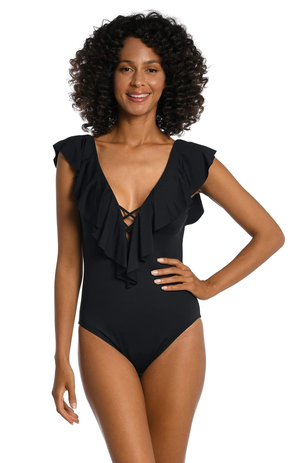 La Blanca People Island Goddess Over The Shoulder Ruffle Plunge One Piece, Dark 4