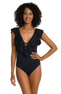La Blanca People Island Goddess Over The Shoulder Ruffle Plunge One Piece, Dark 4