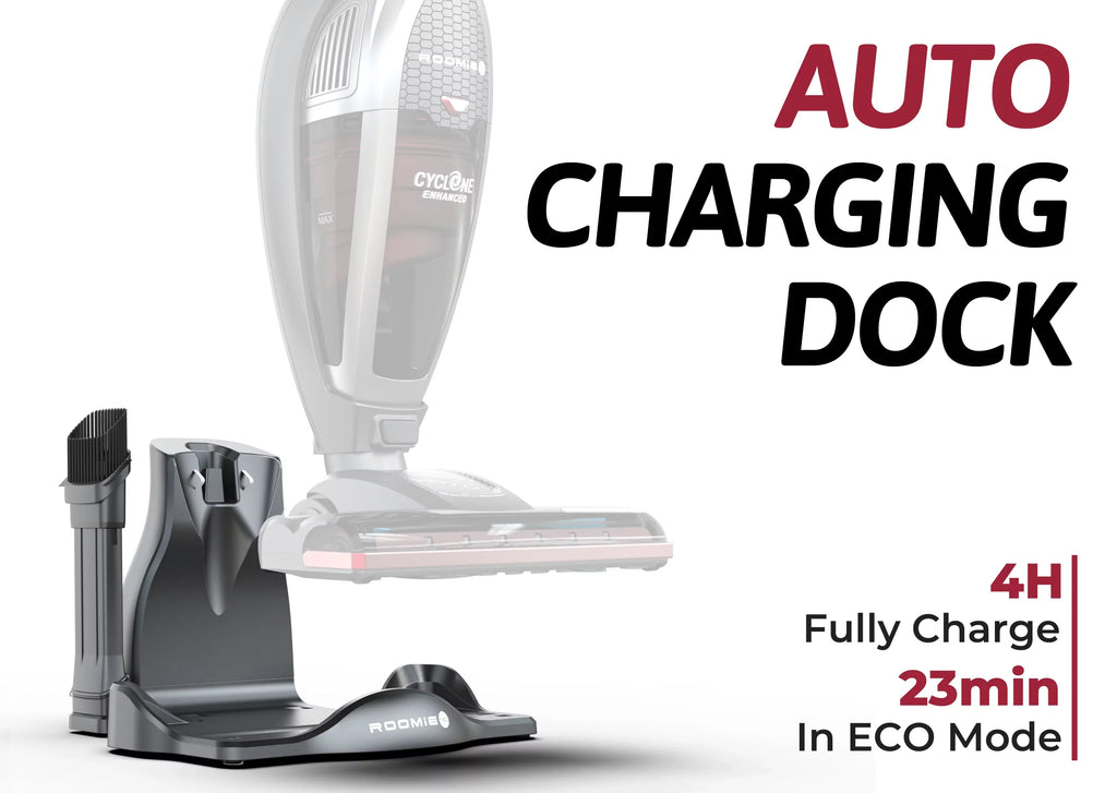 ROOMIE TEC Cordless Vacuum Cleaner, 2 in 1 Handheld, High-Power 2200mAh Li-ion Rechargeable Battery, with Corner Lighting and Upright Charging Base